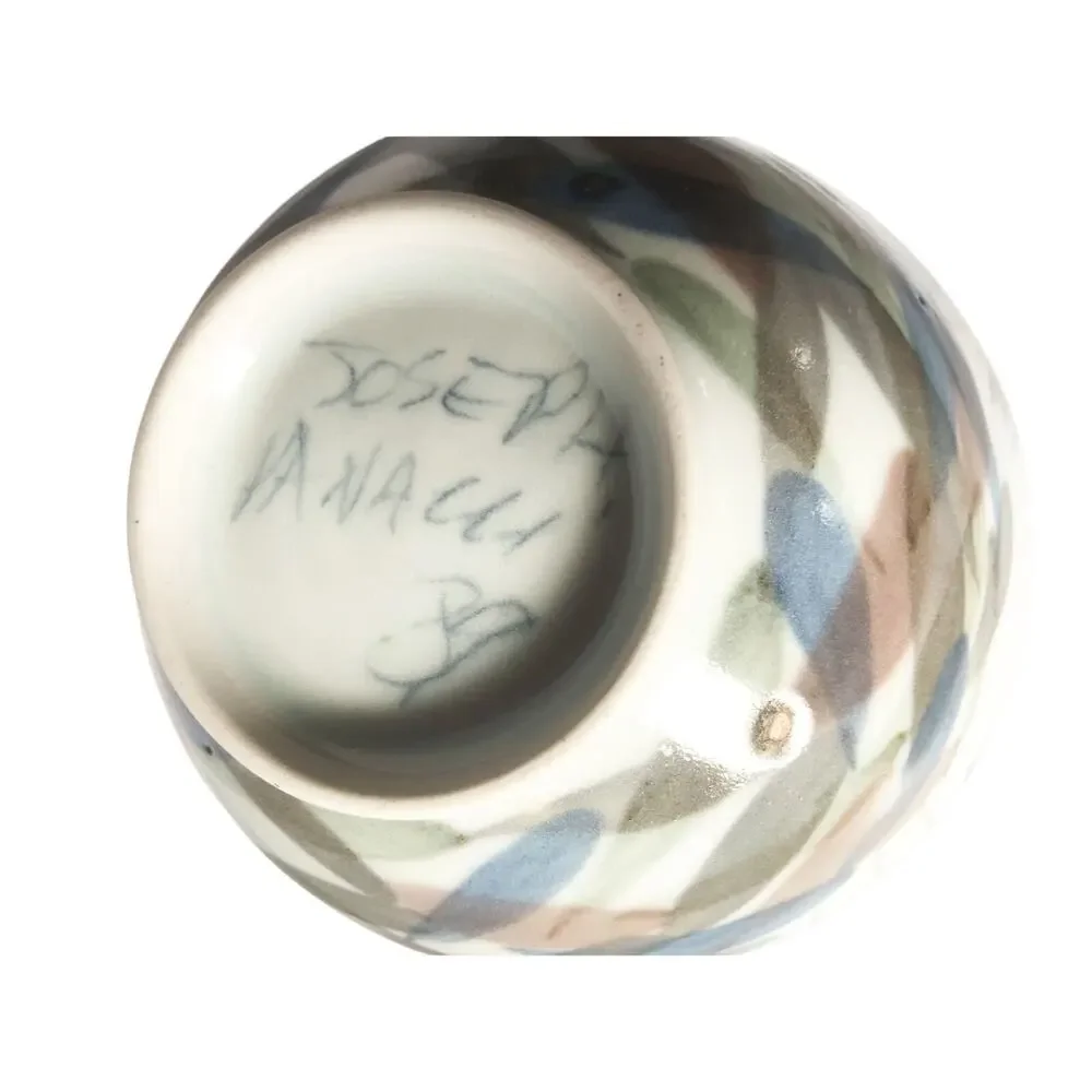 Studio Pottery 80s Signed Vase Beige Blue Mauve Floral